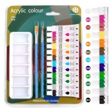 Coffret de 12 Peintures Acryliques 9ml Avec 2 Pinceaux et Palette